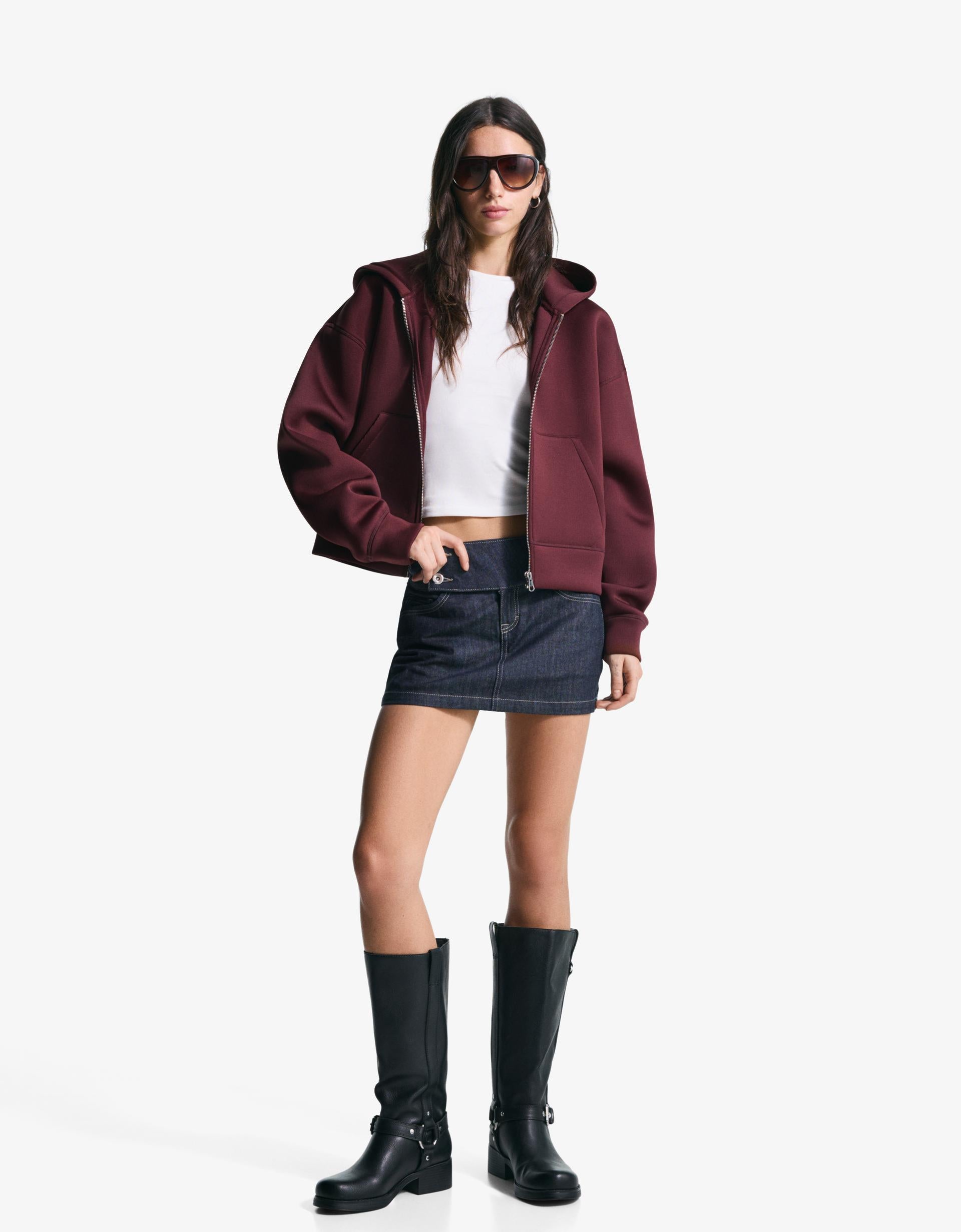 Sentetik kauçuk kumaş görünümlü oversize fermuarlı sweatshirt