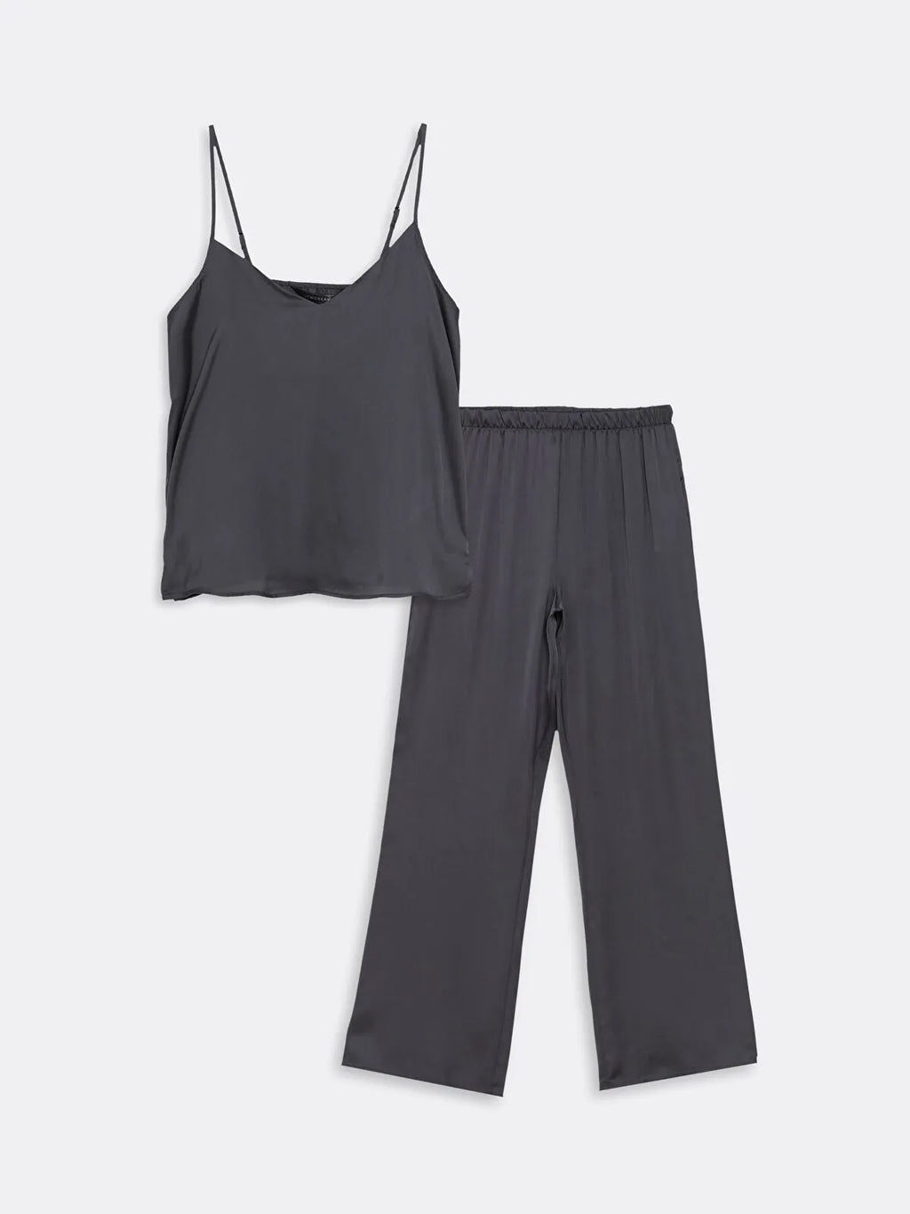 Antrasit V Yaka Düz Askılı Saten Kadın Pijama Takımı